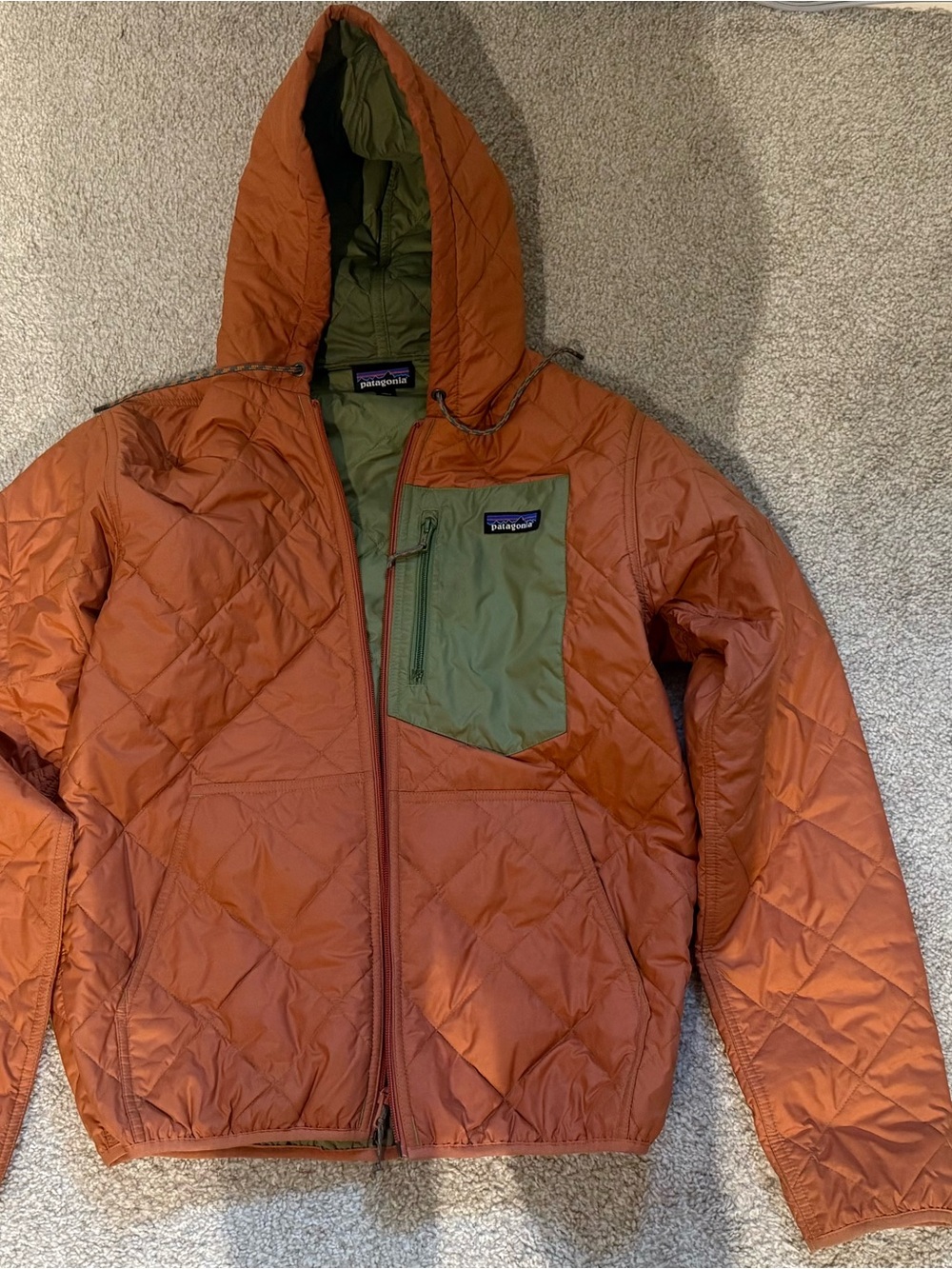 Patagonia Men's Hooded Puffer Jacket in Rust with Olive Chest Pocket